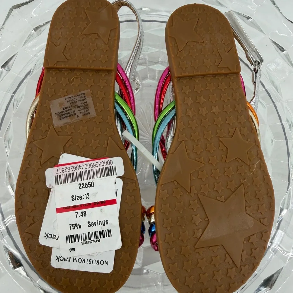 Olivia Miller Girl Rainbow Metallic Strappy Sandals Kids Size 13/1 Flat Silver